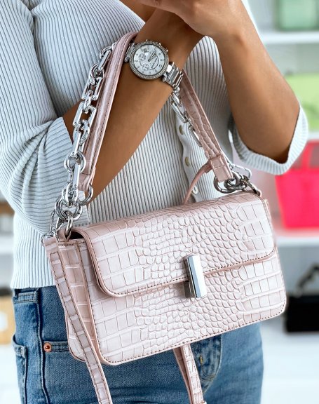 Pale Pink Croc-Effect Chain Shoulder Bag