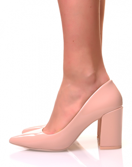Pale pink patent pumps with square heels and pointed toes