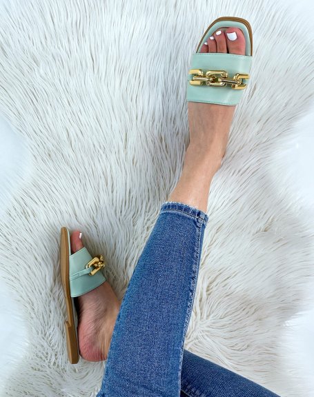 Pastel green mules with gold chain