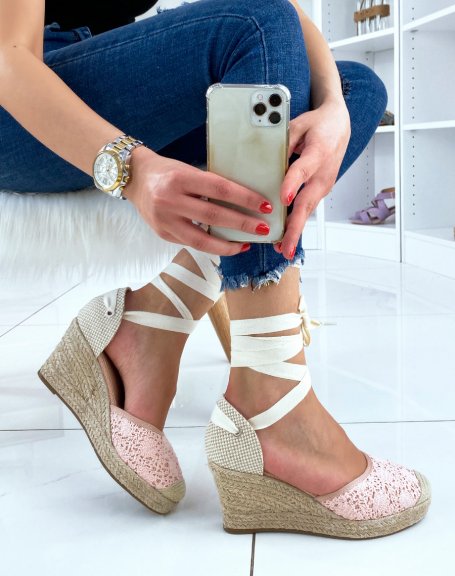 Pastel pink wedge espadrilles with long straps