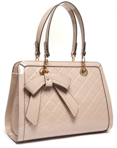 Patent quilted beige handbag with removable bow