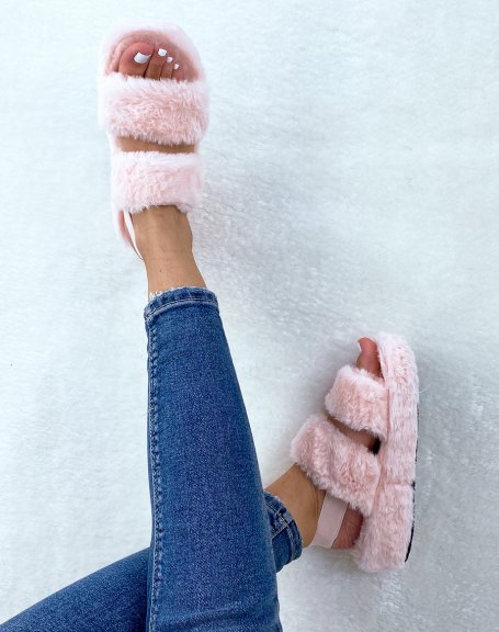 Pink faux fur double strap slippers