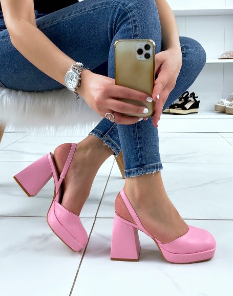 Pink Faux Leather Wide Flat Heel Pumps