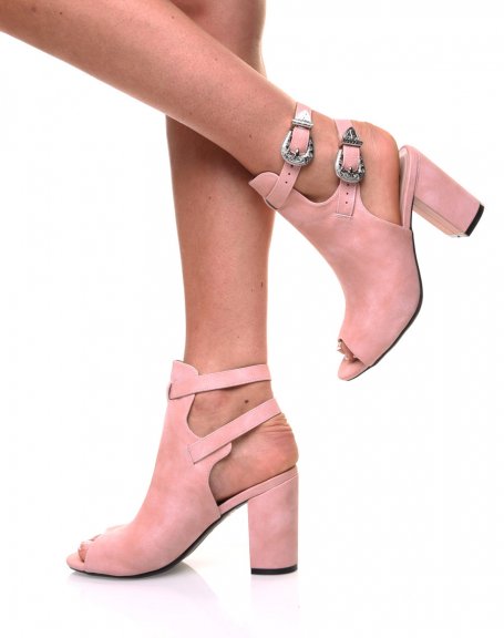 Pink openwork suedette sandal with heels