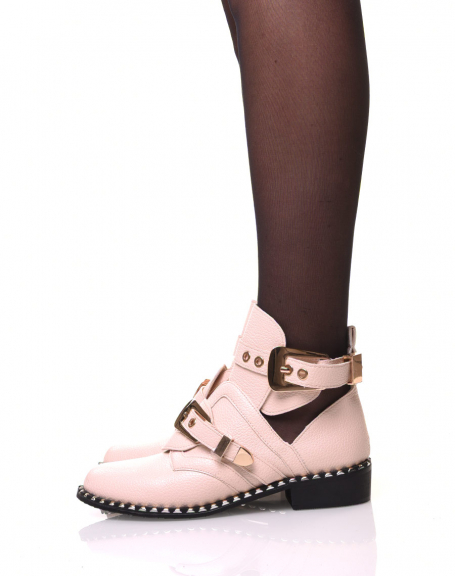 Pink pale openwork ankle boots with studded soles