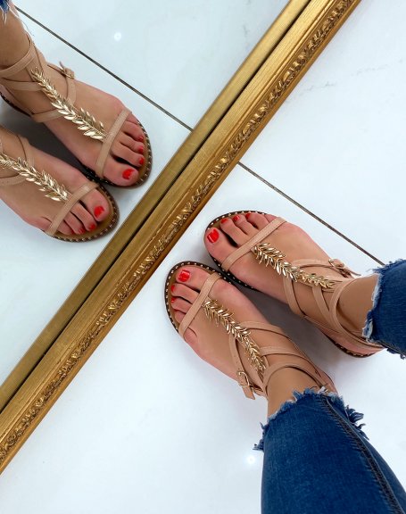 Pink sandals with gold leaf detail