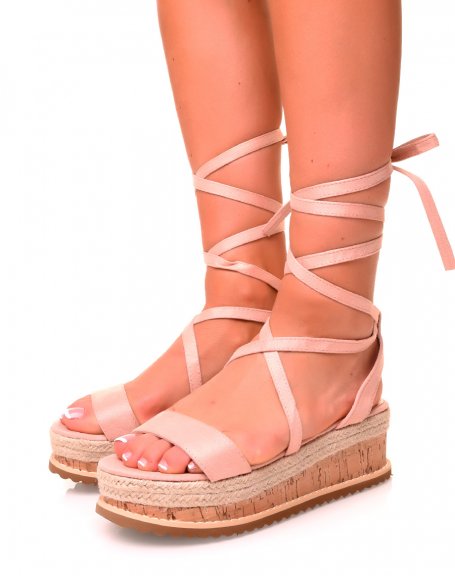 Pink suedette lace-up wedge sandals