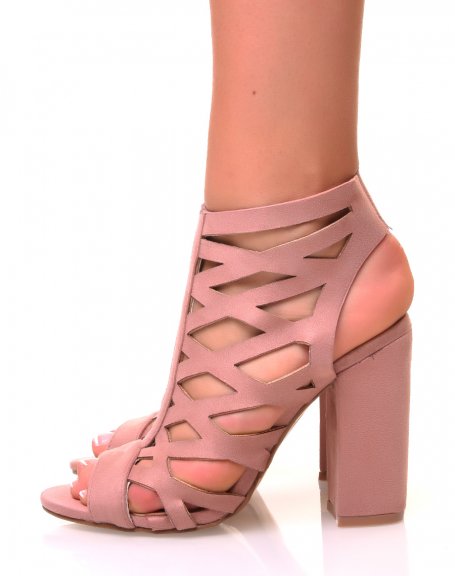 Pink suedette sandals with square heels