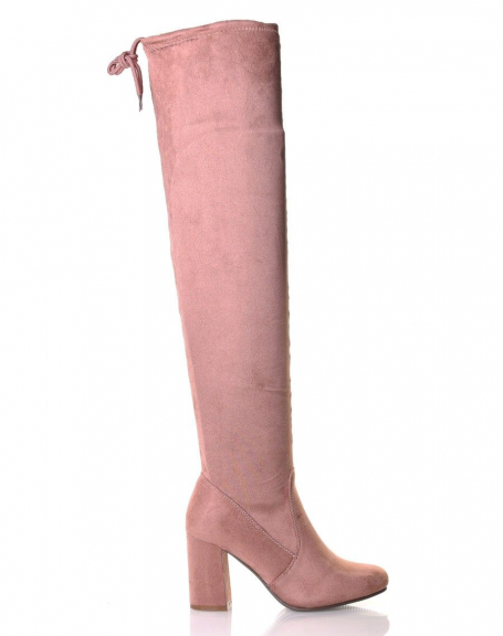 Pink suedette thigh-high boots with heels