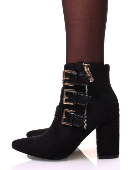 Pointed toe suedette ankle boots with black straps