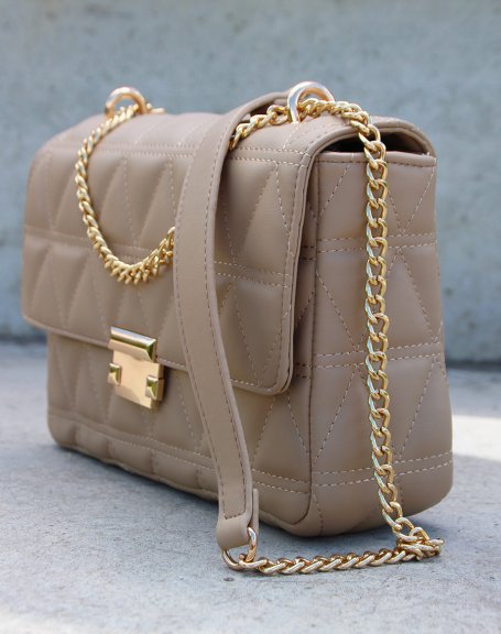 Quilted beige bag with golden shoulder strap