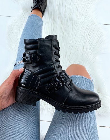 Quilted black ankle boots with croc-effect straps