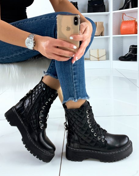 Quilted black chunky platform ankle boots