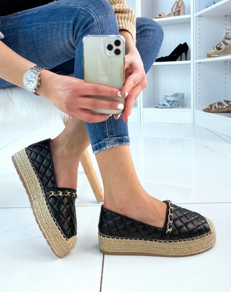 Quilted black espadrilles with fine gold chain