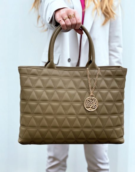 Quilted khaki green handbag with gold pendant