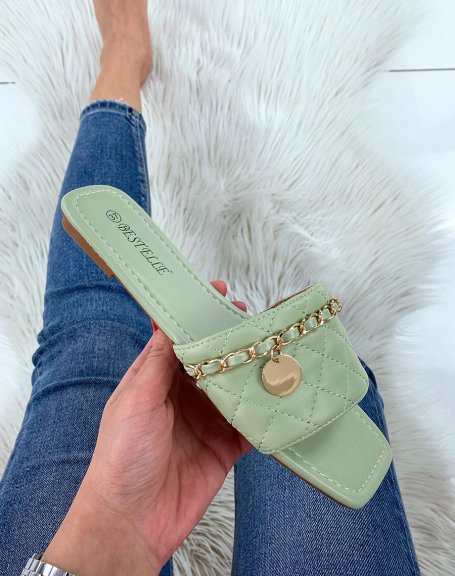 Quilted pastel green flat mules with fine gold chain and square toe