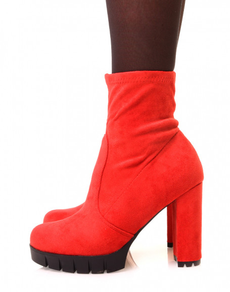 Red chunky platform suedette heeled ankle boots