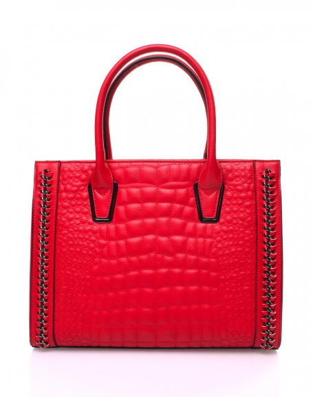 Red croc-effect handbag with chain details