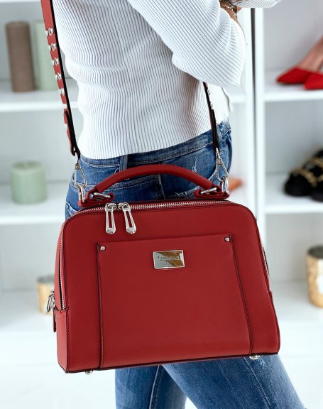 Red Double Pocket Satchel Style Handbag