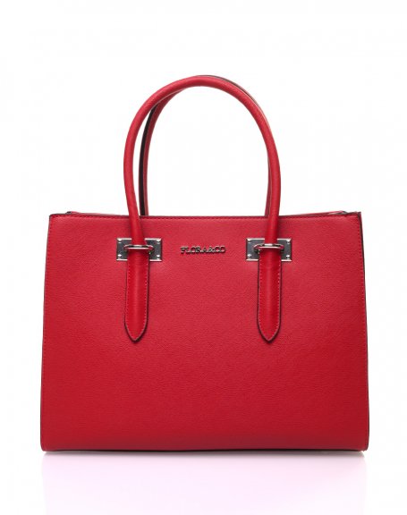 Red handbag with silver-colored plates and medium handles