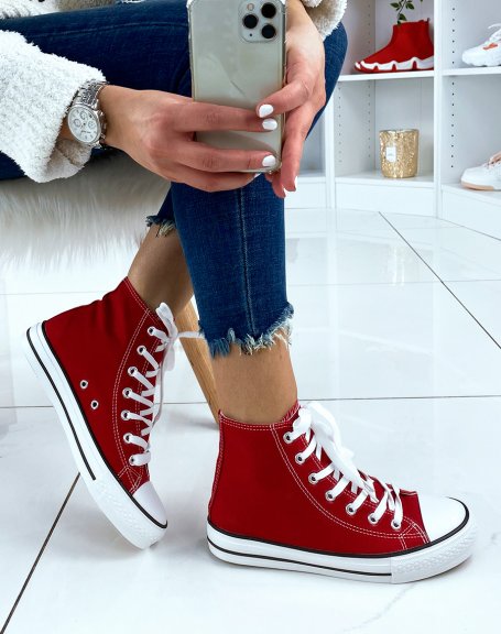 Red lace-up canvas high-top sneakers