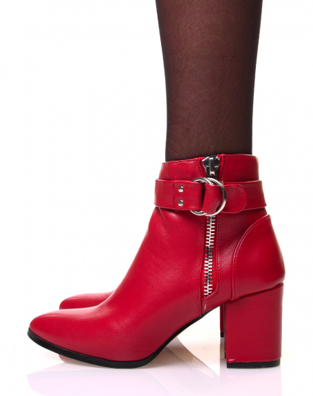 Red leather-look ankle boots with strap