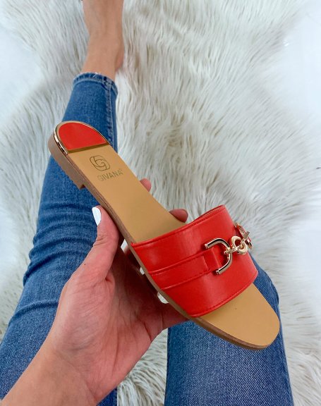 Red mules with wide strap and gold detail