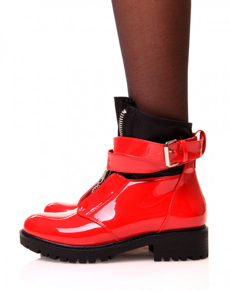 Red patent ankle boots with sock-effect zip