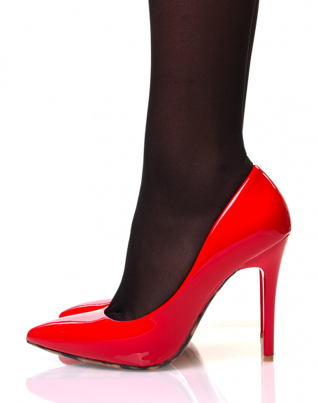 Red patent pumps with a stiletto heel