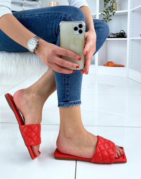 Red quilted flat mules