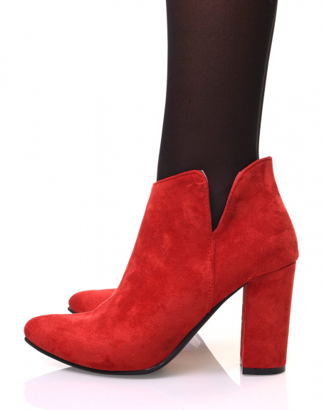 Red suedette ankle boots with heel