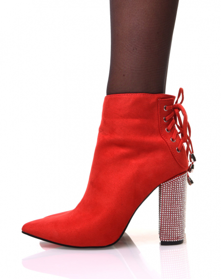 Red suedette ankle boots with rhinestone heel