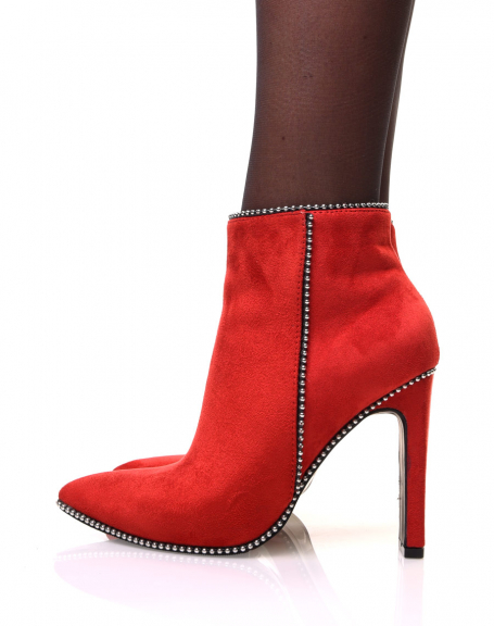 Red suedette ankle boots with studded details and heels