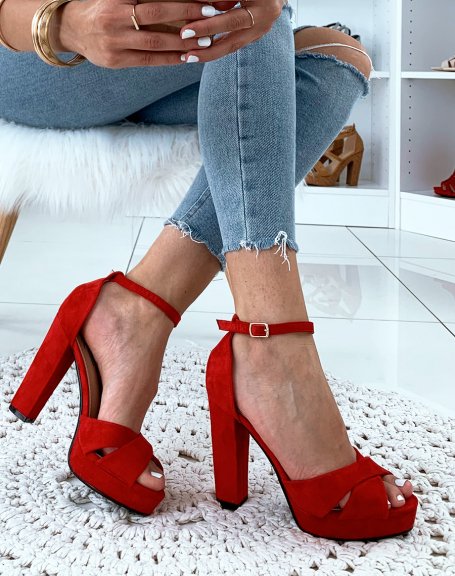 Red suedette block heel platform sandals