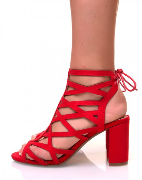 Red suedette block heel sandals