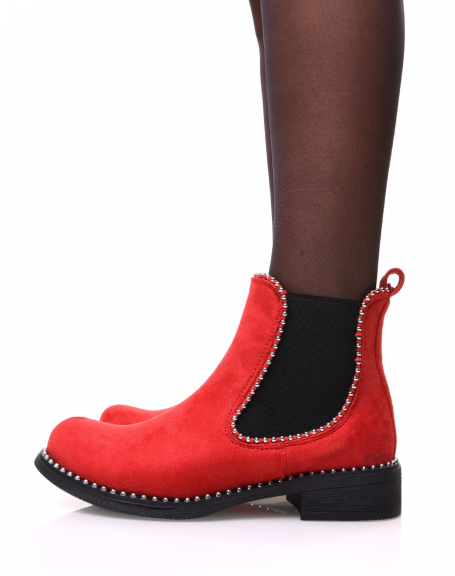 Red suedette chelsea boots with pearl details