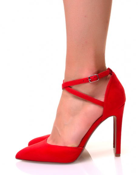 Red suedette pumps with stiletto heels and crossed straps