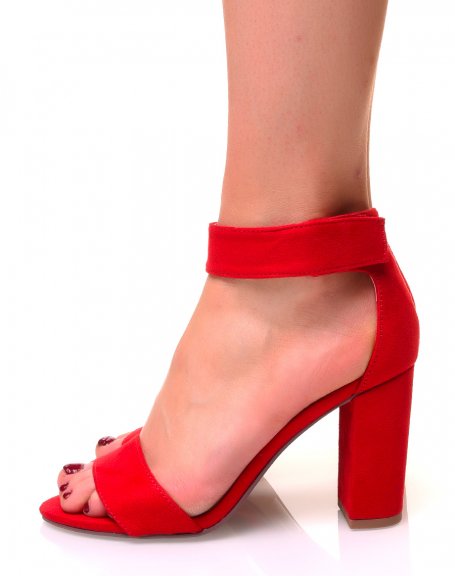 Red suedette sandals with square heels and velcro straps