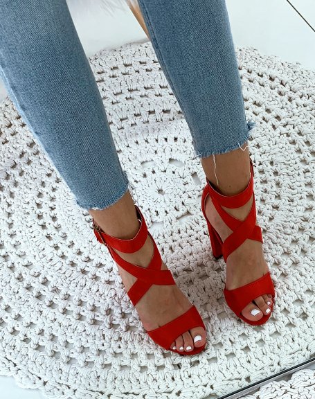 Red suedette square heel sandals