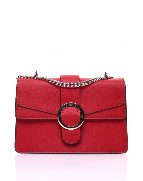 Red textured handbag with double flaps and silver buckle