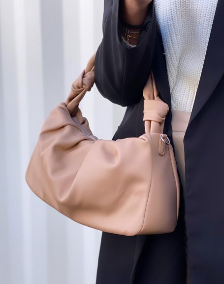 Rolled strap beige satchel handbag
