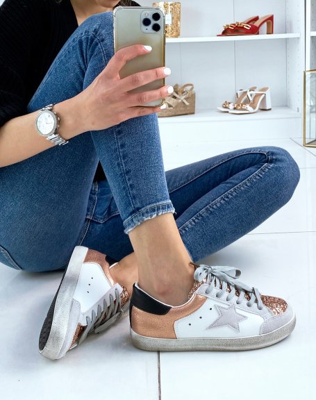 Rose gold and white sneakers with glitter details