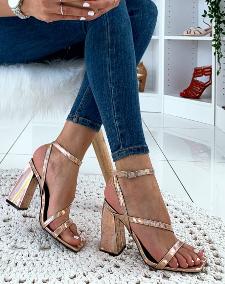 Rose gold sandals with holographic effect with heels and multiple straps