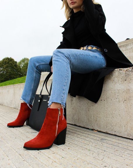 Rust ankle boot with suede-effect heel with zip