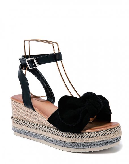 Sandales compensées à noeud en suédine noire et talon en toile de jute coloré