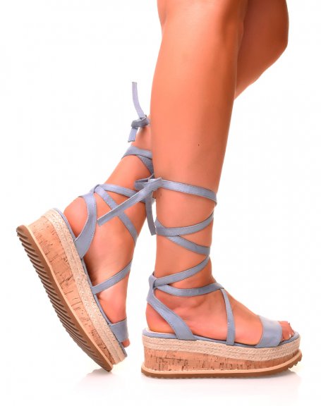 Sandales compenses en sudine bleu  lacets