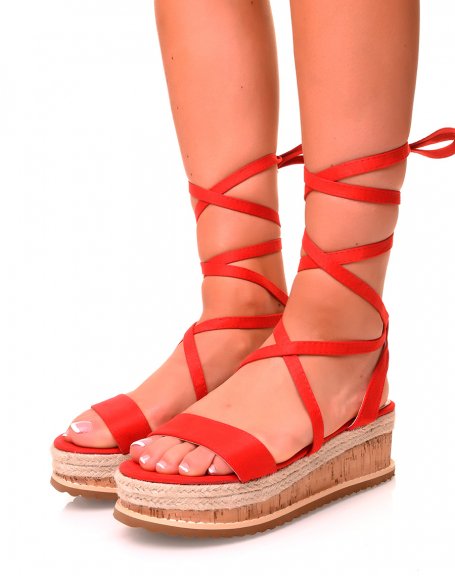 Sandales compenses en sudine rouge  lacets