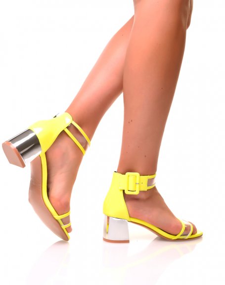 Sandales jaunes fluo  petits talons carrs effet vernis et transparent
