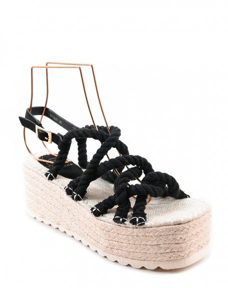 Sandales noires à lanières style corde et semelle épaisse en toile de jute