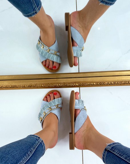 Sandales plates bleu clair  frange et chane dore